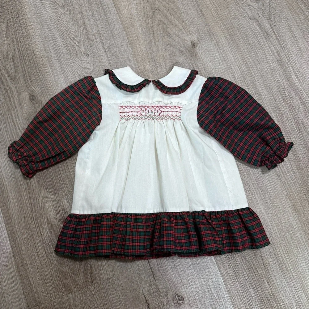 Carters Vintage Baby Girl Red Green Plaid Smocked Christmas Top Peter Pan Collar